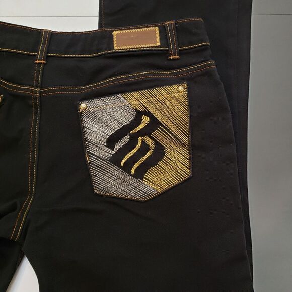 Rocawear Black Gold & Silver Stitch Flare Jeans Size 9 - Picture 4 of 5
